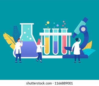 vector illustration concept of scientis working at science laboratorium with tube and microscope, vector template background isolated, can be use for presentation, web, banner ui ux, landing page