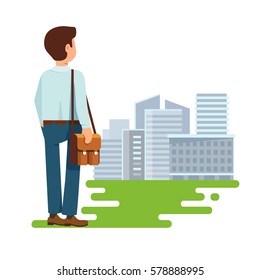 Vector illustration concept of search of work flat style. The young man, a student stands with his back to us and looking for a job  modern building city background