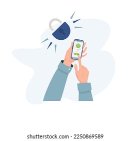 Vector illustration with concept of security of data. Young man - office worker is working and is coping files and folder with a laptop. Secure privacy data in internet. 