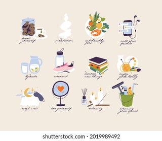 Vector illustration concept of self care and healthy lifestyle. Set icons of self care routine