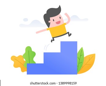 Vector illustration concept of self development. Young man running up stairs
