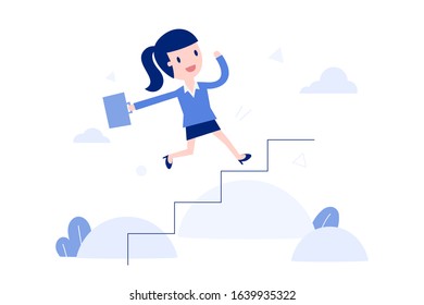 Vector illustration, Concept of self development. Businessman running up stairs.