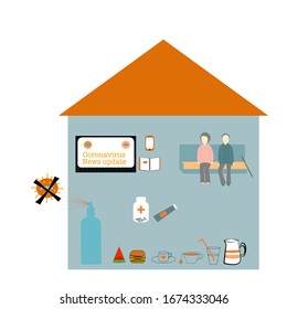 Vector illustration concept of self isolation quarantine for over 70 with all necessary provisions like food drink medication and way of communication to protect them from contracting from coronavirus