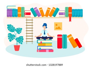 Vector illustration of the concept of self-control and peace of mind in the learning process. The girl in the Lotus position on a stack of books among the books and biblical shelves.