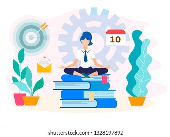 Vector illustration of the concept of self-control and peace of mind at work. Girl in a Lotus position on a stack of books in the office.