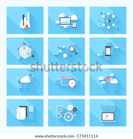 Vector illustration concept of SEO optimization, data analysis and storage, cloud computing and program coding isolated on blue background with long shadow.