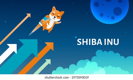 Vector illustration concept of Shiba Inu uptrend cryptocurrency. Shib dog flies up to the moon on a jetpack