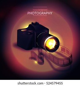 Vector illustration of the concept of shooting photos and video.Kamera and abstract film.