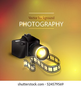 Vector illustration of the concept of shooting photos and video. Camera and abstract film.