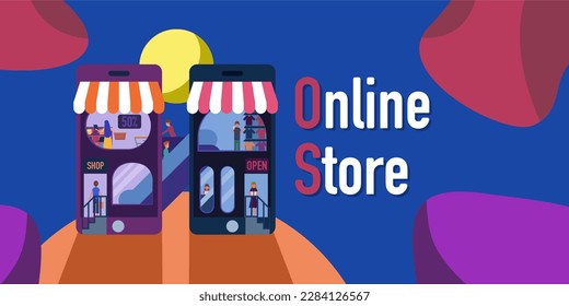 Vektorgrafik-Konzept-Shopping-Store auf Telefonbildschirm auf nächtlichem Hintergrund