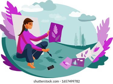 Vector Illustration Concept Showing How a Person Draws in Nature. Suitable for landing page, ui, web, mobile app intro card, editorial print, flyer, and banner.

