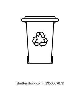 Vector Illustration Concept With Sign Of Garbage Bin With Symbol Of Recycling. Black Line Silhouette. White Background