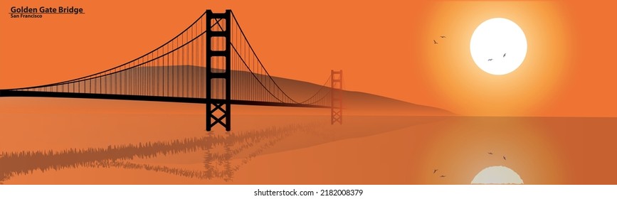 Vector illustration concept, silhouette of the Golden Gate Bridge, bay on the background of the sun, landscape, view, symbol of San Francisco landmark, architecture.