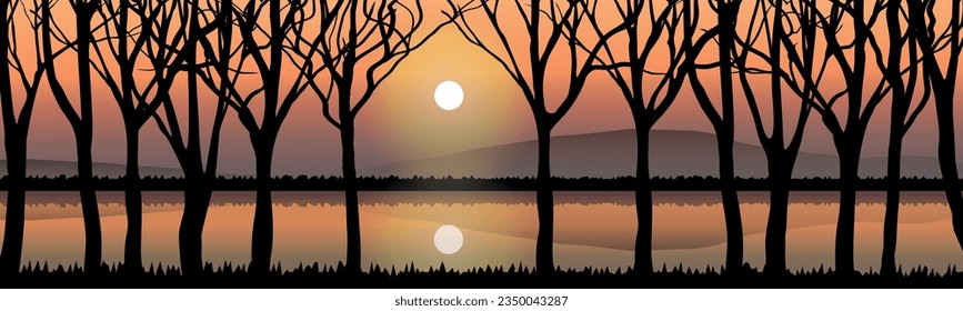 Vector illustration concept, silhouettes of trees on the background of the lake and the sun, nature, ecology, beauty, tourism, flora national parks.