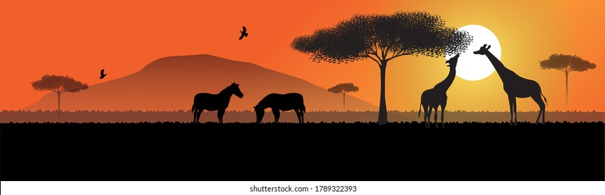 
Vector illustration concept of silhouettes of wild animals of Africa, elephants, zebra giraffes, on the background of the savannah.