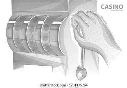 
Vector illustration concept, slot machine and a hand holding a lever to start the game, on a white background, a symbol of a casino, games, winning money and excitement.