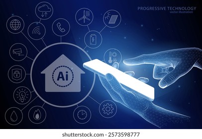 Vector illustration concept, smart home control using a smartphone, smart home, AI assistant, comfort, energy saving, renewable energy, automation, advanced technologies, security.