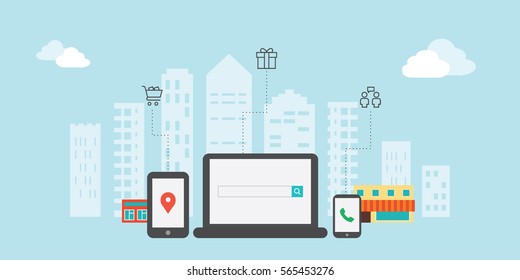 Vector illustration concept of smart-phone with mobile navigation. Flat design modern vector illustration icons set of urban landscape and city life. Building icon.