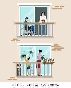 Vector illustration: concept of social isolation during the coronavirus pandemic. People on the balcony of a city house, various activities. Stay home.
