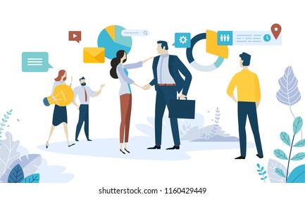 Vector illustration concept of social media, networking, online communication, seo, internet advertising, market research, data analysis, business strategy, consulting. Vector illustration concept of social media, networking, online communication, seo, internet advertising, market research, data analysis, business strategy, consulting.