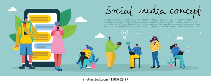 Vector illustration concept of social media concept illustration on texting, social media and online communication with people interchanging messages in the flat style