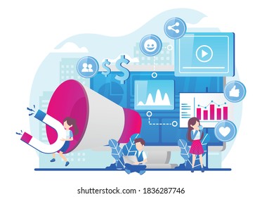 Concepto de ilustración vectorial de aplicaciones de medios sociales, compartiendo medios y servicios. Ilustración del vector