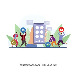 Vector illustration concept of social media apps services and teamwork. Creative flat design for web banner, marketing material, business presentation, online advertising.