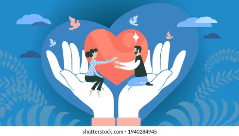 Vector illustration. The concept of social support, love, charity, protection and hope. People stretch out their hands to each other, sitting in abstract palms. Against the background of a big heart.