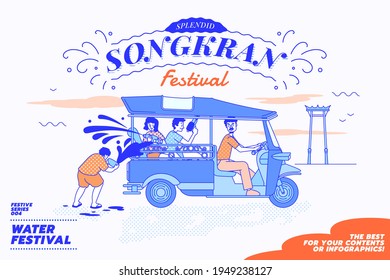 Vector illustration concept of Songkran Water festival or Thailand Traditional New Year's Day. People playing water gun during water festival on Tuk Tuk, Thai traditional taxi in Bangkok.
