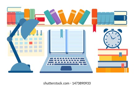 Vector illustration of the concept of space in which to work and study. Computer, calendar, clock, books in the workplace freelancer.