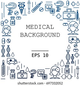 Vector illustration concept. Special medical facilities and equipment - first aid, ambulance, medical staff, dna molecule. Flat style line art.