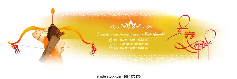 Vector illustration concept of Spring Hindu festival, Shree Ram Navami(Hindi text),written text means Shree Ram Navami, Lord Rama with bow and arrow greeting, poster, banner, flyer 