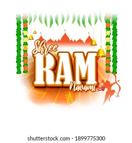 Vector illustration concept of Spring Hindu festival, Shree Ram Navami(Hindi text),written text means Shree Ram Navami, Lord Rama with bow and arrow greeting, poster, banner, flyer 