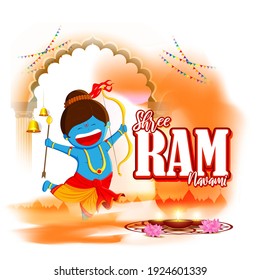 Vector illustration concept of Spring Hindu festival, Shree Ram Navami(Hindi text) written text means Shree Ram Navami, Lord Rama with bow and arrow greeting, poster, banner, flyer