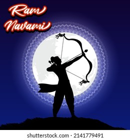 Vector illustration concept of Spring Hindu festival, Shree Ram Navami(Hindi text),written text means Shree Ram Navami, Lord Rama with bow and arrow greeting, poster, banner, flyer 