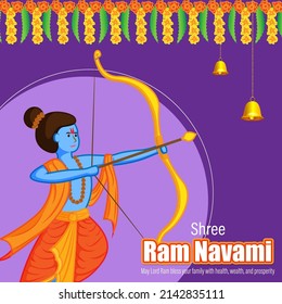 Vector illustration concept of Spring Hindu festival, Shree Ram Navami(Hindi text),written text means Shree Ram Navami, Lord Rama with bow and arrow greeting, poster, banner, flyer 