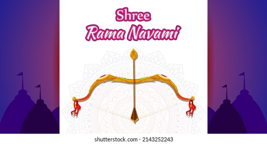 Vector illustration concept of Spring Hindu festival, Shree Ram Navami(Hindi text),written text means Shree Ram Navami, Lord Rama with bow and arrow greeting, poster, banner, flyer 