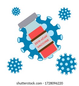 Vector Veranschaulichung des Konzepts, das Coronavirus zu stoppen.Bild des Impfstoffs gegen Coronavirus (2019-nCoV) mit Viruszelle.