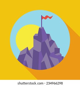 Vector illustration, concept of success and achievement. Victory, achievement of objectives, results, strategy. Top of the mountain with a red flag and the sun. Sleek style.