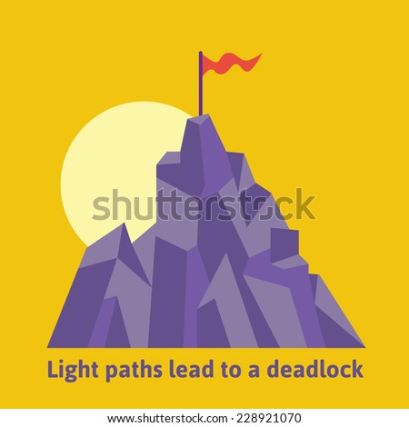 Vector illustration, concept of success and achievement. Victory, achievement of objectives, results, strategy. Top of the mountain with a red flag and the sun. Sleek style.
