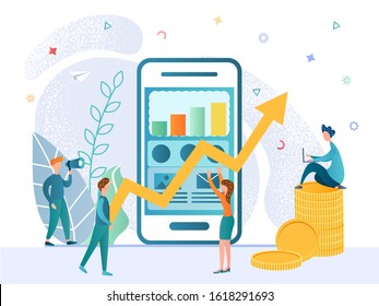 Vector illustration concept of success, growth, progress, achievement. Businesses are happy and exult in the growth of revenue and the progress of the mobile app. 