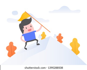 Vector illustration concept of success. Successful man standing on top of mountain.