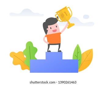 Vector illustration concept of success. Young man standing on winner podium.