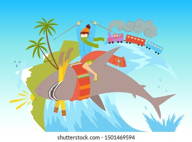 Vector illustration concept of summer vacation, traveling, tourism, journey, recreation, rest, surfing, ski. Summer and winter holiday concept isolated.