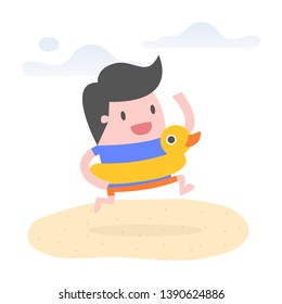 Vector illustration concept of summer. Young man on the beach with rubber duck swim ring.