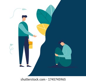 Vector illustration, concept of support for those under stress, a young man holds out his helping hand to another in a state of depression, light and dark side vector