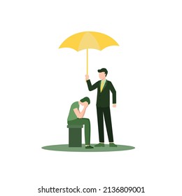 Vector illustration, concept of support for those under stress, a young man holds out an umbrella to another in a state of depression. true friendship with flat design for website, banner and flyer