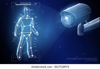 
Vector illustration concept surveillance camera determines the personality of a person by gait, on a dark blue background, technology, artificial intelligence.