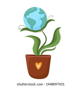 Vector Illustration Concept: Take Care Of The Planet Land Earth. Earth Day 2022. Planet Earth In A Garden Pot Like Home Plant.