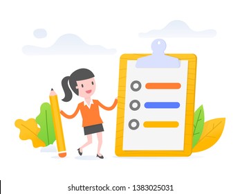 Vector illustration concept of task management. young business woman standing with pencil and to do list.